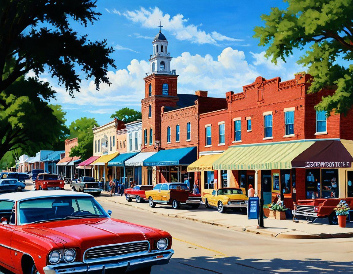 A charming small-town scene of Somerville, TX, with historic buildings, a lively local event with barbeques and live music, and families enjoying a sunny day. Highlight the town's rich history with iconic landmarks and artifacts subtly integrated into the background. vibrant colors. super-realistic.