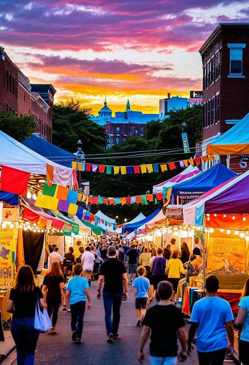 A bustling street festival in Somerville with colorful banners, food stalls, live music, and happy people dancing. The scene includes children playing, couples walking, and friends taking selfies with iconic landmarks in the background. Sunset light casting a warm glow over everything, creating a joyful atmosphere. super-realistic. vibrant colors.